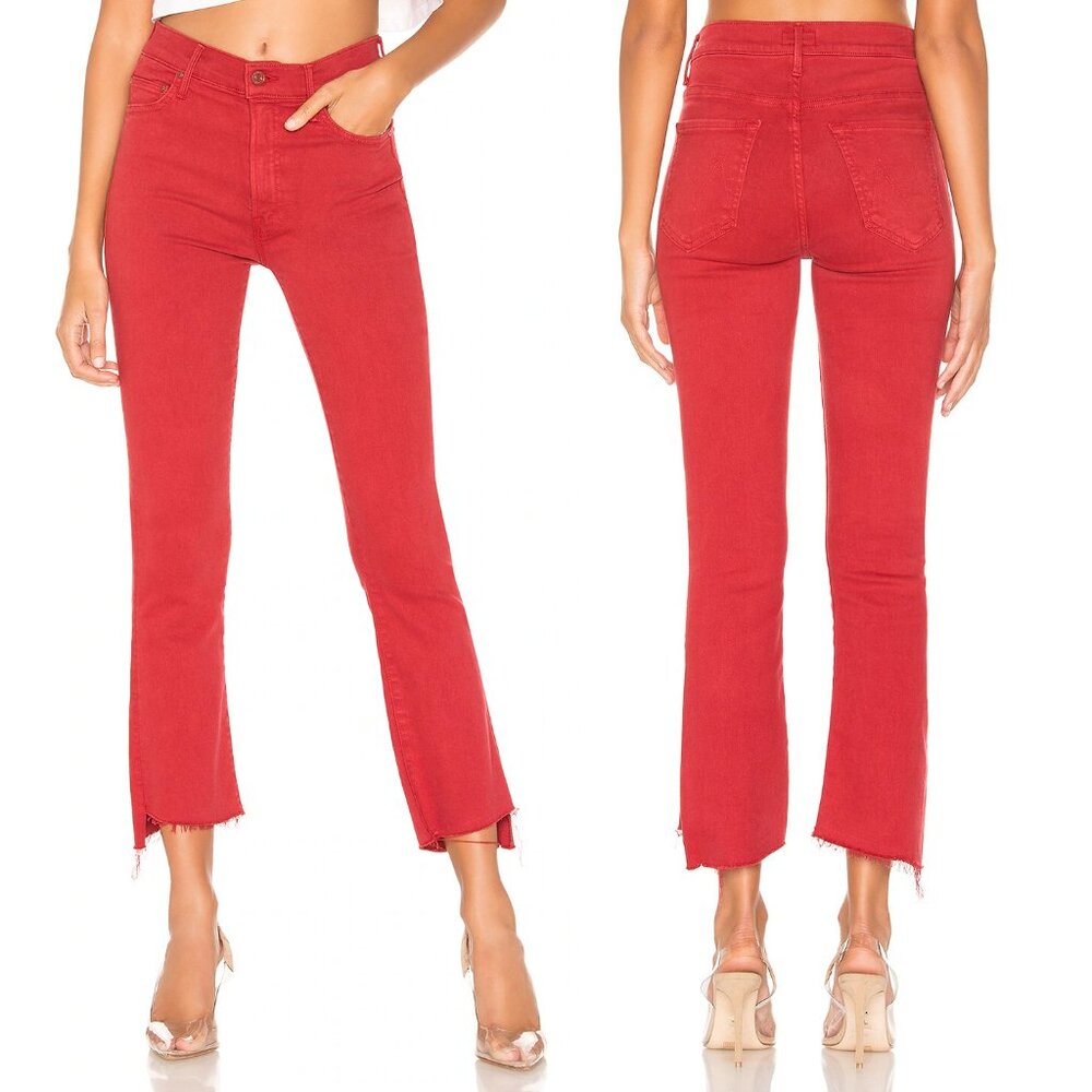 MOTHER High Rise Red Raw Hem Jeans
